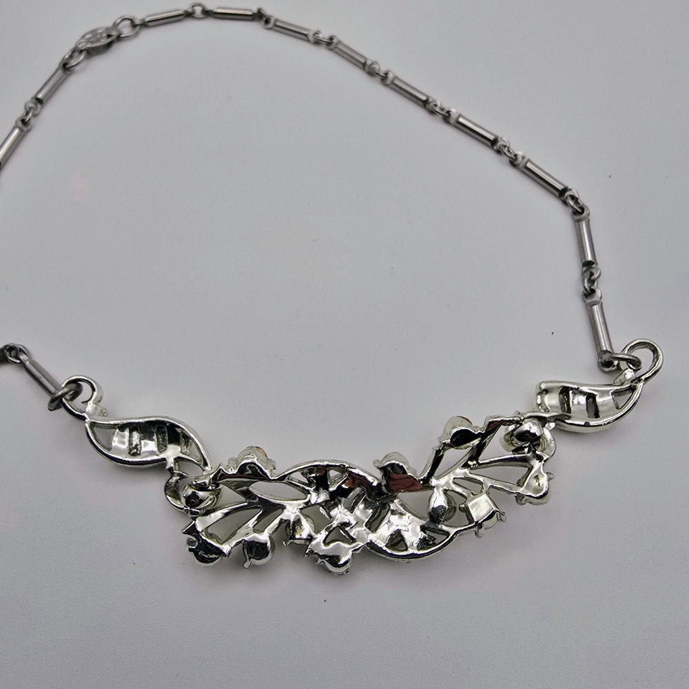 Vintage Silver Tone Clear Rhinestone Floral Spray Bar Link Choker Necklace 14" - Picture 6 of 8